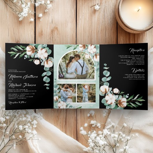 Cotton Eucalyptus Photo All in One Black Wedding Drieluik Uitnodiging