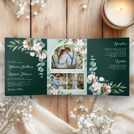 Cotton Eucalyptus Photo All in One Emerald Wedding Drieluik Uitnodiging
