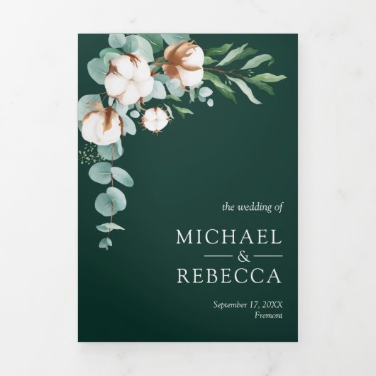 Cotton Eucalyptus Photo All in One Emerald Wedding Drieluik Uitnodiging (Cover)