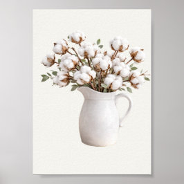 Cotton Flowers in White Pitcher Neutral Farmhous Poster