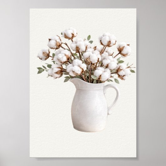 Cotton Flowers in White Pitcher Neutral Farmhous Poster (Voorkant)