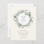 Cotton Garden Wreath White Bewaar de datum Aankondigingskaart (Voorkant / Achterkant)