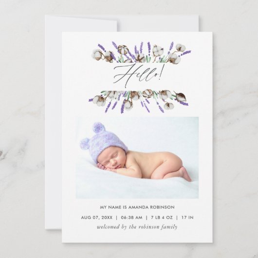 Cotton Lavender Birth Announcement Photo Card Aankondiging (Voorkant)