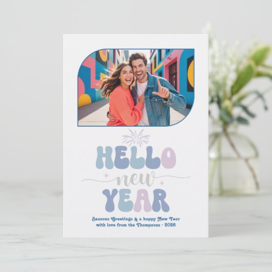 Cotton Sky Hello New Year Blue Retro Photo Feestdagenkaart (Staand voorkant)