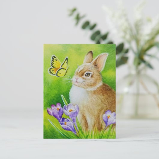 Cottontail Rabbit Butterfly Crocus Waterverf Art Briefkaart (Staand voorkant)