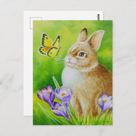 Cottontail Rabbit Butterfly Crocus Waterverf Art Briefkaart (Voorkant / Achterkant)