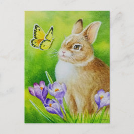 Cottontail Rabbit Butterfly Crocus Waterverf Art Briefkaart