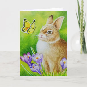 Cottontail Rabbit Butterfly Crocus Waterverf Art Kaart