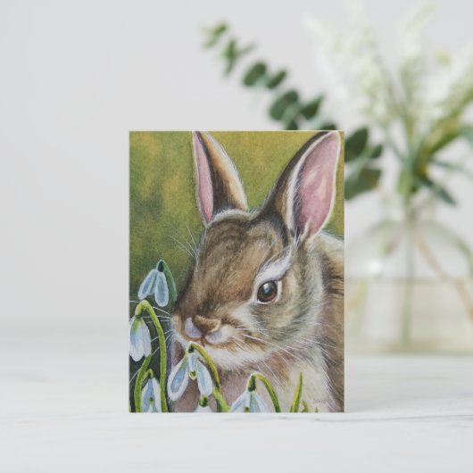 Cottontail Rabbit & Snowdruppels Waterverf Art Briefkaart (Staand voorkant)