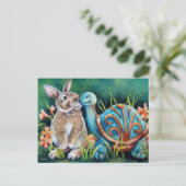 Cottontail Rabbit & Turtle Statue Waterverf Art Briefkaart (Staand voorkant)