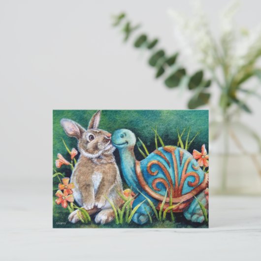 Cottontail Rabbit & Turtle Statue Waterverf Art Briefkaart (Staand voorkant)