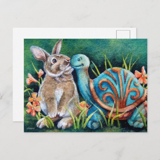 Cottontail Rabbit & Turtle Statue Waterverf Art Briefkaart (Voorkant / Achterkant)