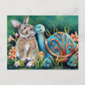 Cottontail Rabbit & Turtle Statue Waterverf Art Briefkaart (Voorkant)