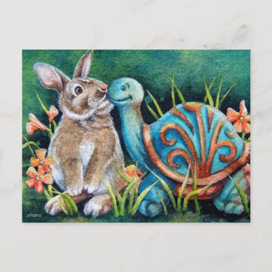 Cottontail Rabbit & Turtle Statue Waterverf Art Briefkaart (Voorkant)