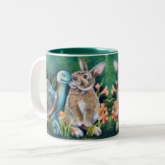 Cottontail Rabbit & Turtle Statue Waterverf Art  Tweekleurige Koffiemok (Voorkant links)