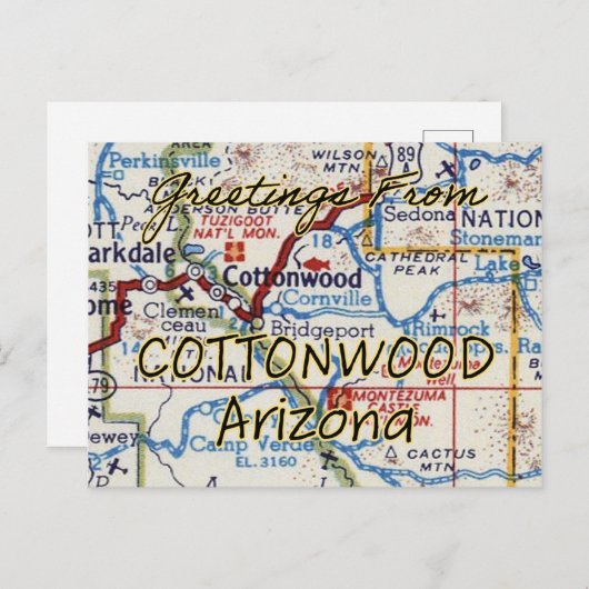 Cottonwood AZ Map Briefkaart (Voorkant / Achterkant)