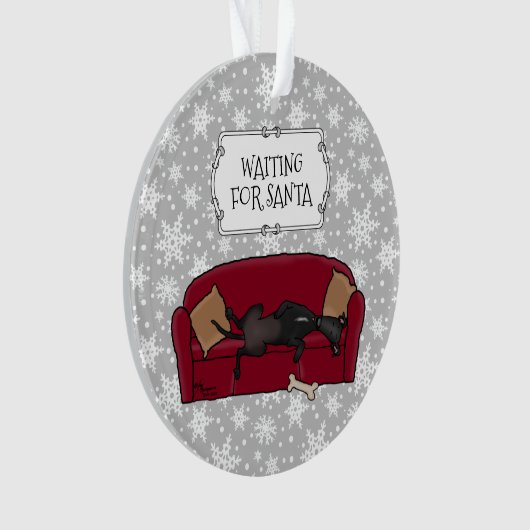 Couch Greyhound (zwart) Dog Wachten op kerstman Ornament (voorkant)