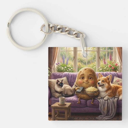 Couch Potato Corgi en Kat Sleutelhanger (voorkant)