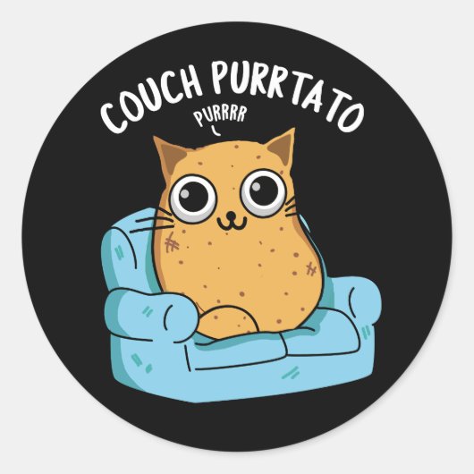 Couch Purrtato Funny Potato Pun Dark BG Ronde Sticker (Voorkant)