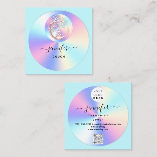 Couch Therapeut Holograf QR Logo Yoga Aqua Vierkante Visitekaartje (Voorkant / Achterkant)