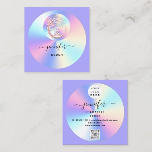Couch Therapeut Holograf QR Logo Yoga Paarse Vierkante Visitekaartje (Voorkant / Achterkant)