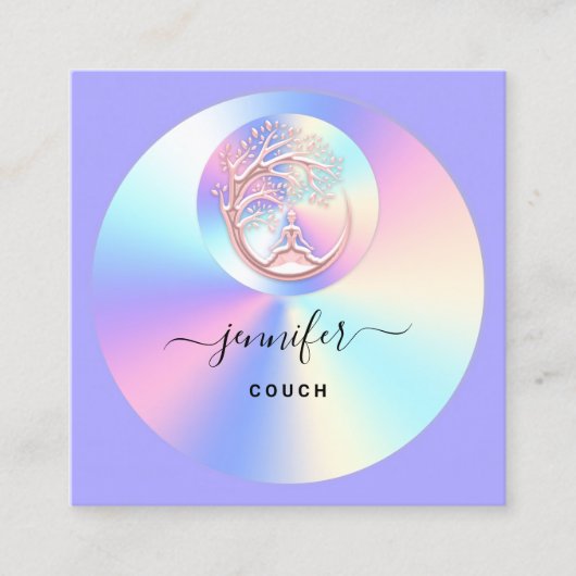 Couch Therapeut Holograf QR Logo Yoga Paarse Vierkante Visitekaartje (Voorkant)