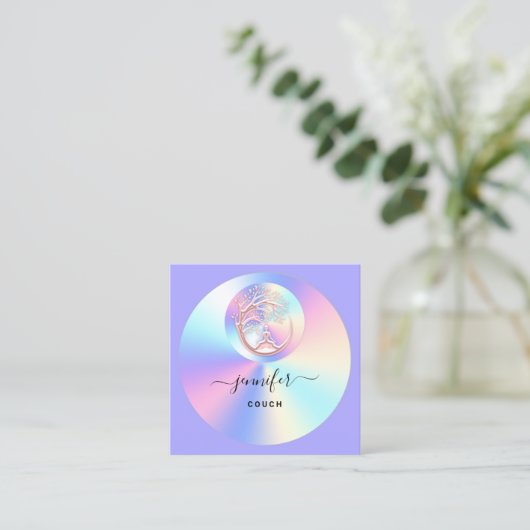Couch Therapeut Holograf QR Logo Yoga Paarse Vierkante Visitekaartje (Staand voorkant)