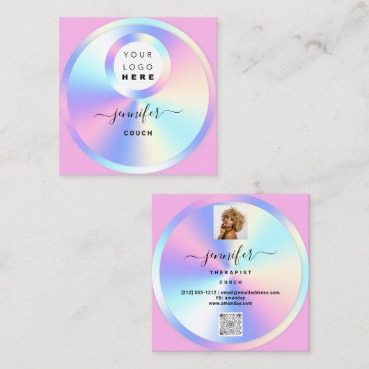 Couch Therapist Holografie QR Code Logo Foto Roze Vierkante Visitekaartje (Voorkant / Achterkant)