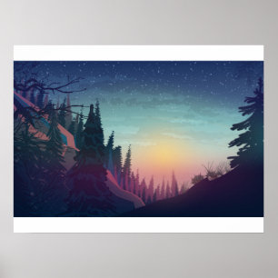 Coucher de soleil sur forêt poster