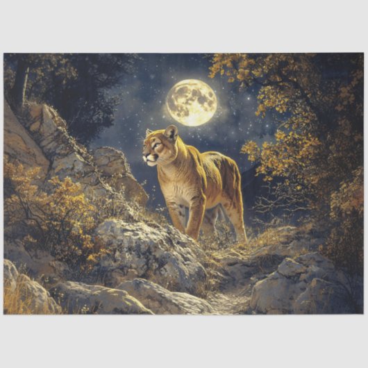 Cougar in de Moonlight Wildlife Art Decoupage Tissuepapier (Voorkant)