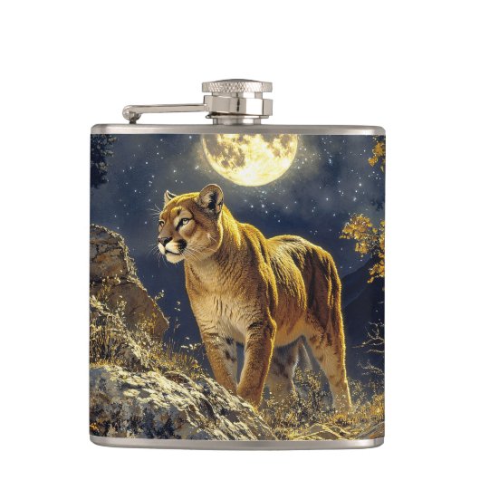 Cougar in de Moonlight Wildlife Art Heupfles (Voorkant)