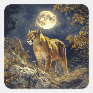 Cougar in de Moonlight Wildlife Art Vierkante Sticker