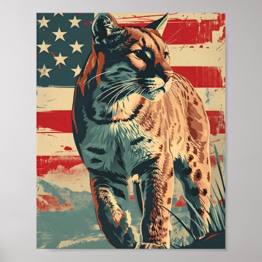 Cougar Mountain Lion Amerikaanse vlag  Poster (Voorkant)