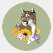 Cougar Mountain Lion Puma Bloemen Ronde Sticker (Voorkant)