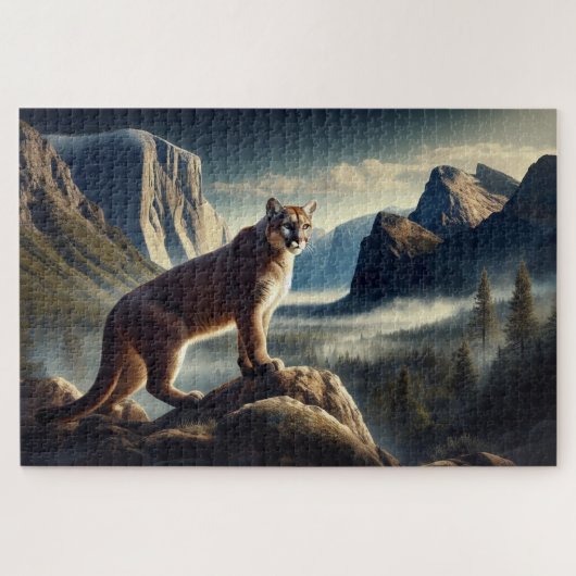 Cougar op de rotsen, bergachtig landschap legpuzzel (Horizontaal)