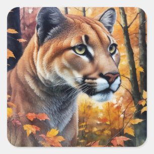 Cougar Waterverf Herfst Kat Kunst Vierkante Sticker