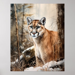Cougar Woodland Animal Art Print Poster