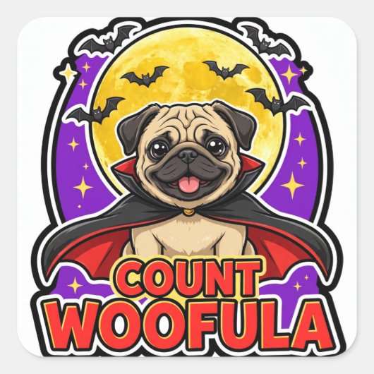 Count Woofula Sticker — Pugscape Vampier Volle Maa (Voorkant)