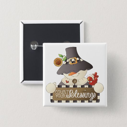 Count Your Blessings Snowman Pilgrim Vierkante Button 5,1 Cm (Voorkant /achterkant)