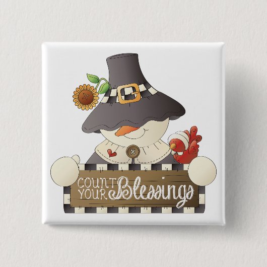 Count Your Blessings Snowman Pilgrim Vierkante Button 5,1 Cm (Voorkant)