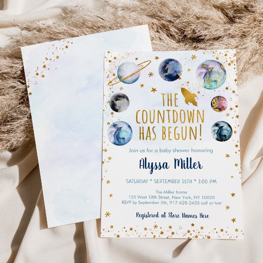 Countdown is begonnen met Blue Gold Space Baby sho Kaart