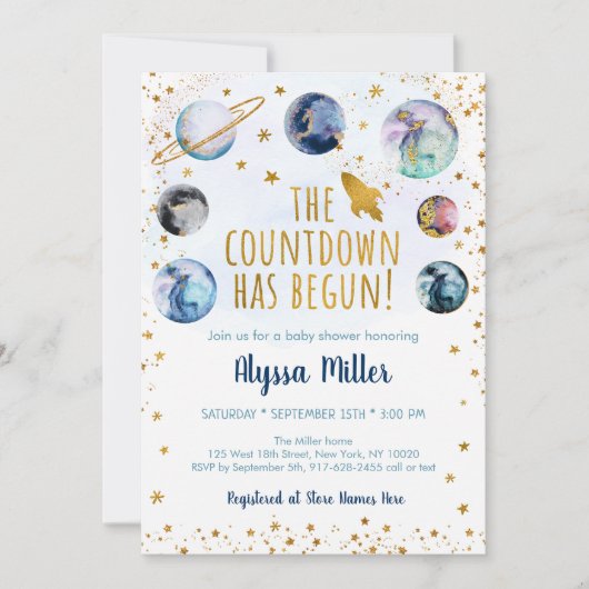 Countdown is begonnen met Blue Gold Space Baby sho Kaart (Voorkant)