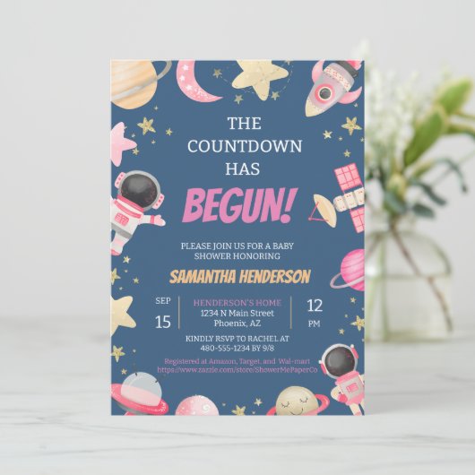 Countdown Space Girl Baby shower Kaart (Staand voorkant)