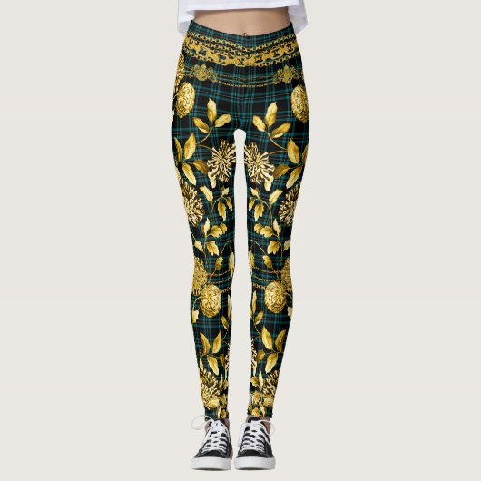 Countess Black Blauwgroen Green Pset Gold Floral Leggings (Voorkant)