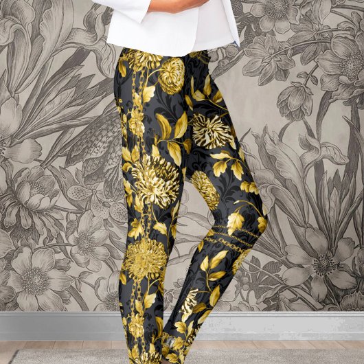 Countess Gold Chain Floral Black op Black Damask Leggings