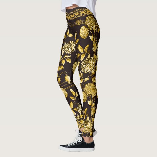 Countess Gold Chain Lion Emblem Floral Espresso Leggings (Links)