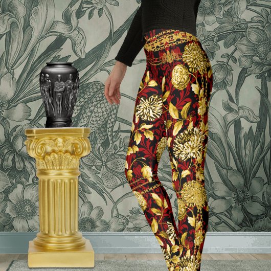 Countess Gold Floral Chain Red Black Damask Leggings