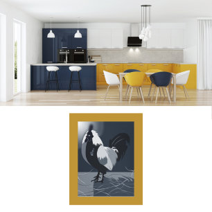 Country Animal Rooster Donkerblauwe keuken kunst a Poster