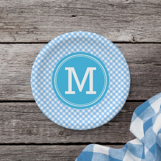 Country Baby Blauw Gingham Personaliseer Monogram Papieren Bordje