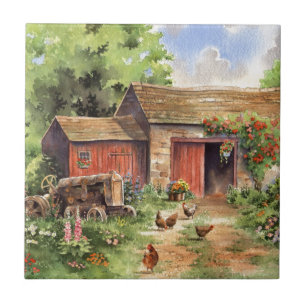 "Country Barn" Rustic Barnyard Scene Tegeltje
